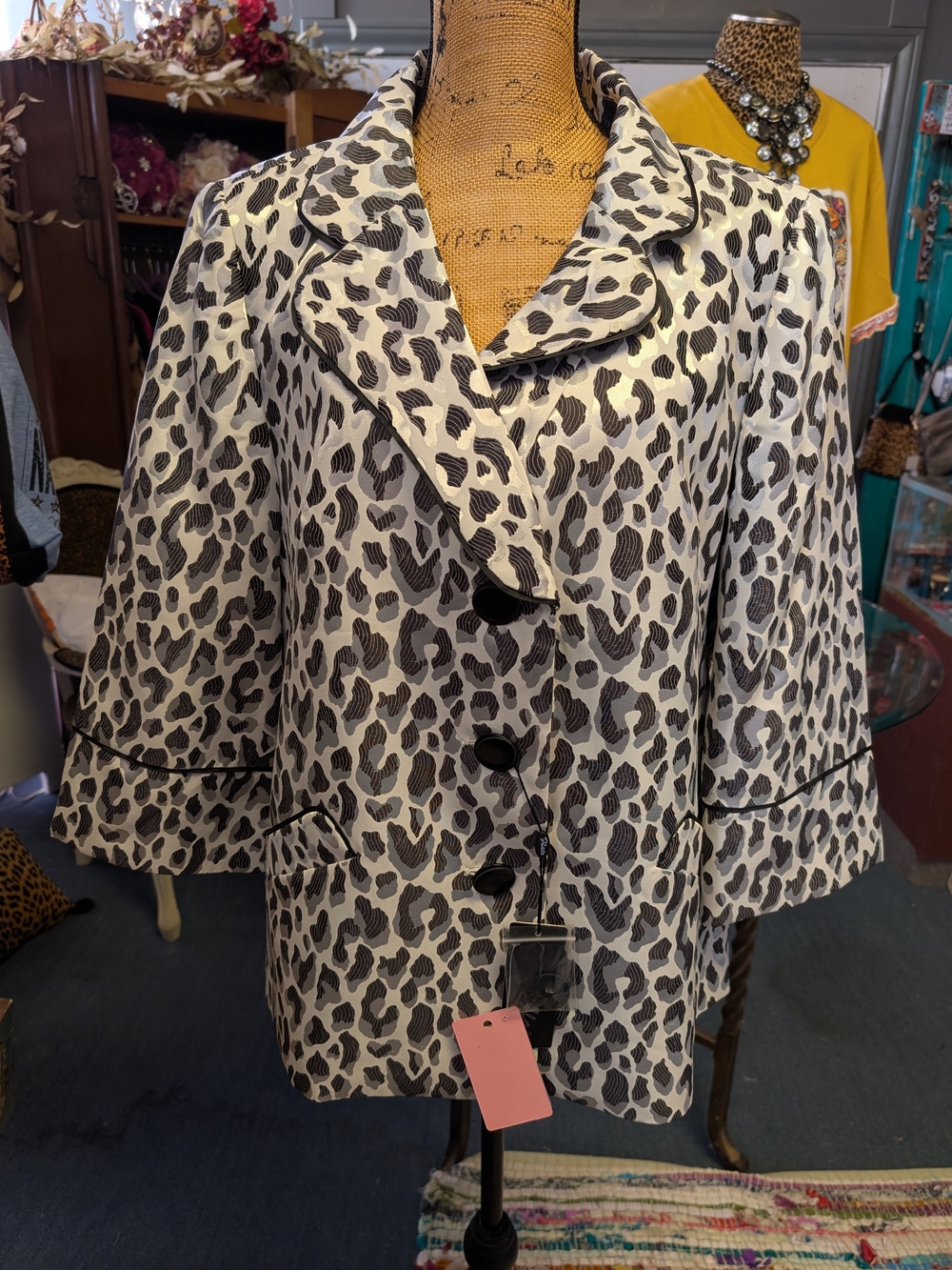 Womens Black & White Leopard Print Trench Coat